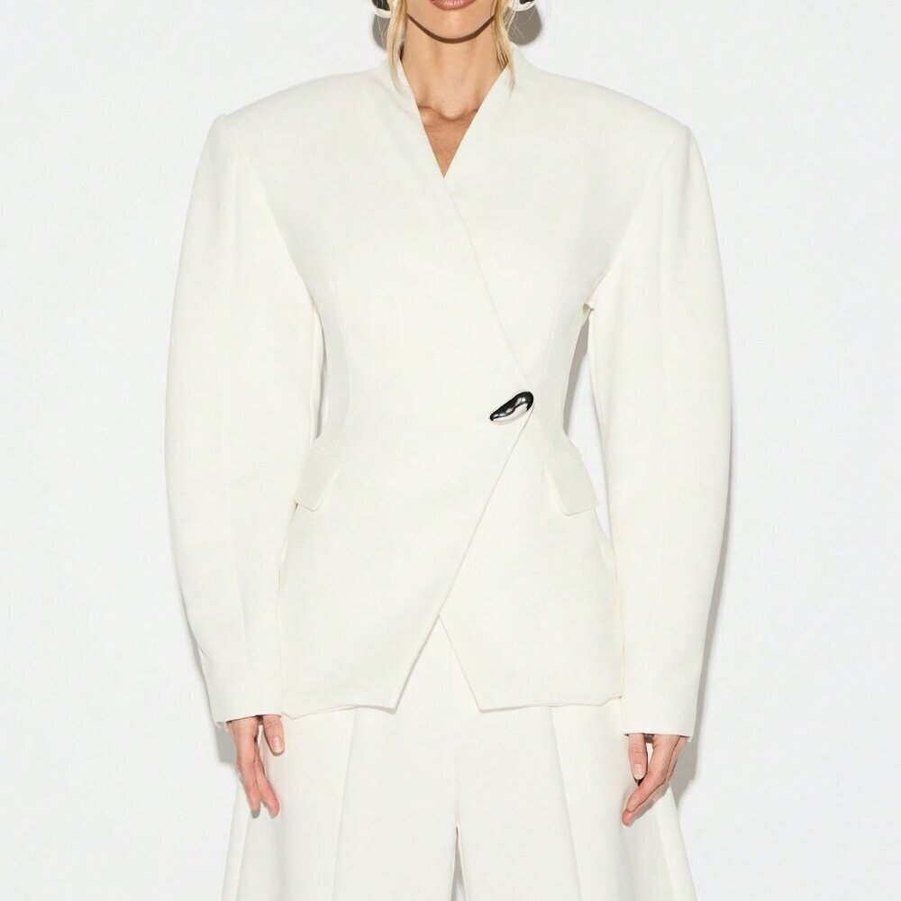 White Elegant Women's Balloon Sleeve V-Neck Blazer